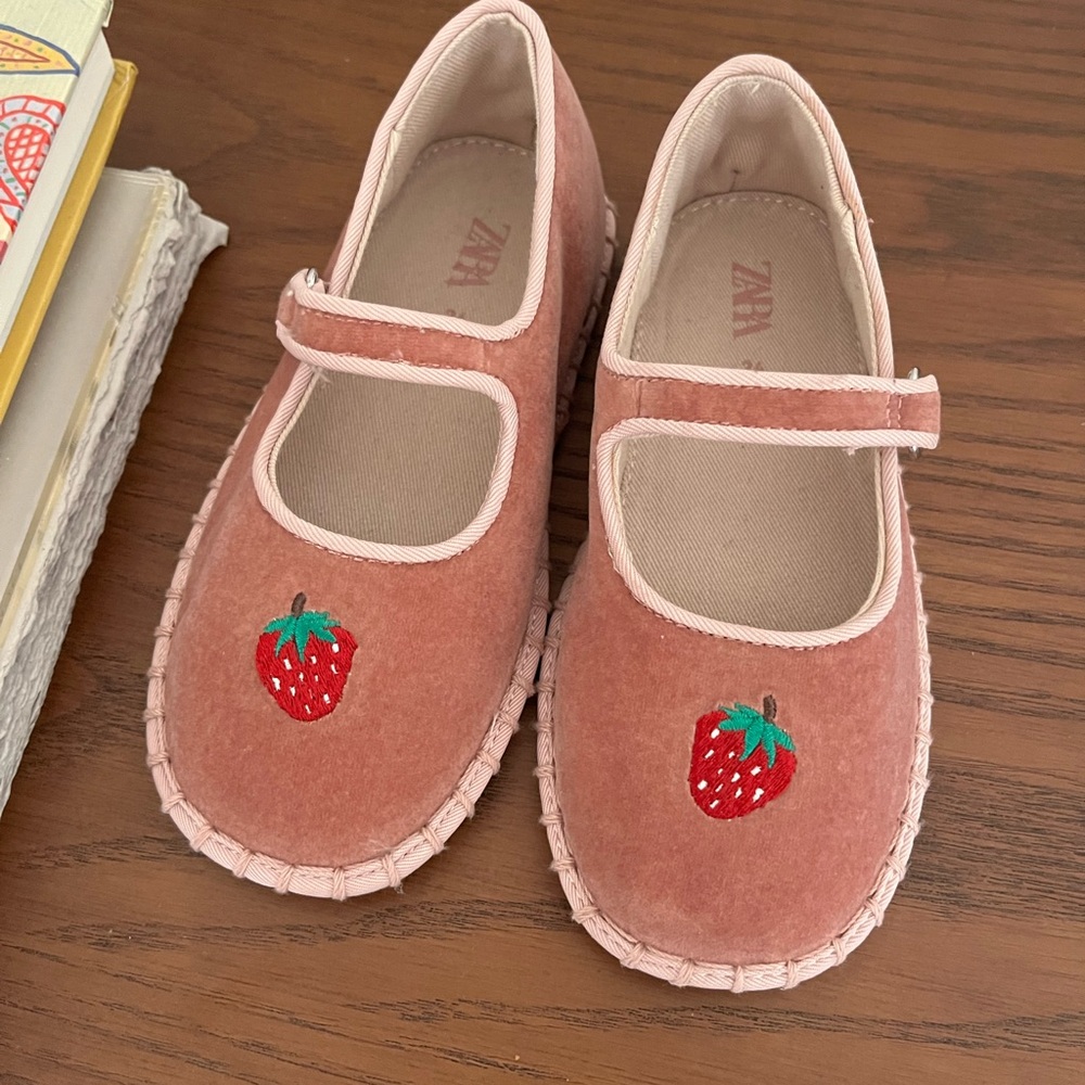 Zara Kids Blush Strawberry Embroidered Shoes